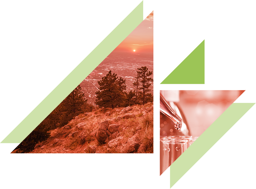 “Mountainous terrain with trees in foreground looking over the city of Boulder, CO at sunset.”
“Close up of a pipette placing liquid in a glass test tube.”